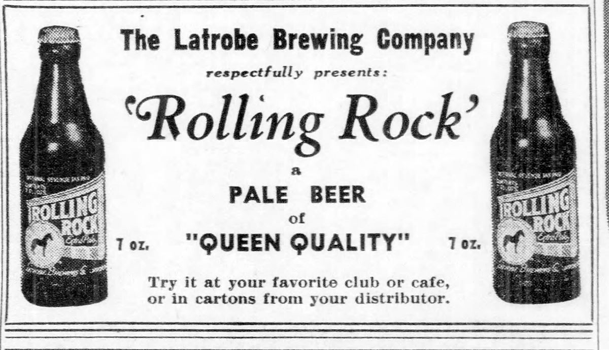 : Rolling Rock beer ad published in the Pittsburgh Post-Gazette, September 20, 1939.