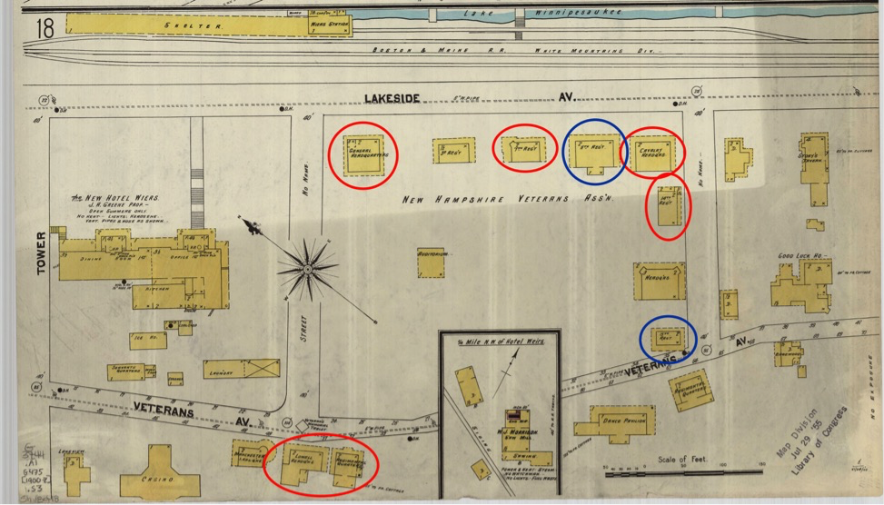 Fig. 1 1902 Sanborn Fire Insurance Map of Laconia, NH, showing NHVA campus. Extant buildings are circled blue indicates those which the team fully documented and red indicates those which the team did not measure, but photographed and explored.