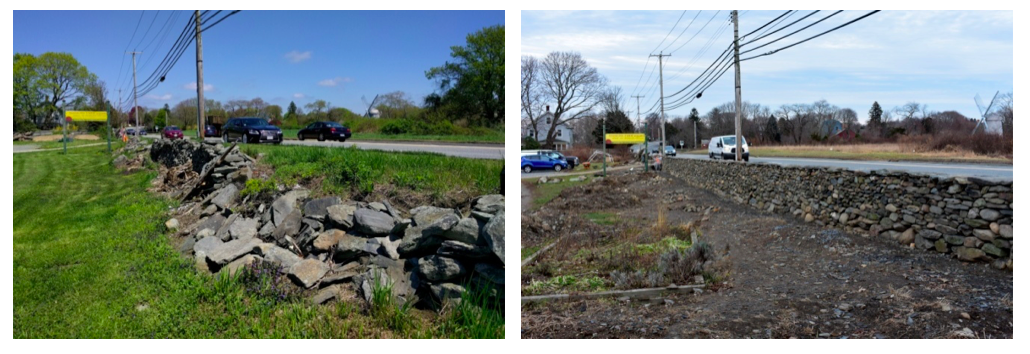 Comparison of before and after of the stone wall repairs at Simmons Farm in Middletown, Rhode Island. Photo courtesy of author.