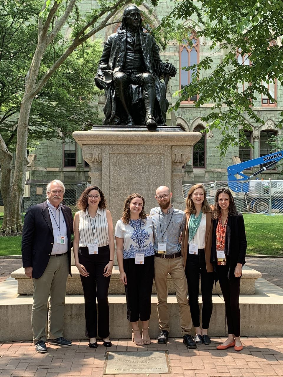 University of Delaware Ambassadors in front of Ben Franklin statue. L to R Ritchie Garrison (Director of Winterthur Program), Justyce Bennett (Winterthur, Class of 2021), Bethany McGlyn (Winterthur, Class of 2020), James Kelleher (Winterthur, Class of 2020), Emily Whitted (Winterthur, Class of 2020), and Olivia Armandroff (Winterthur, Class of 2020)