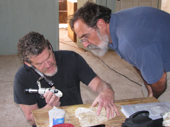 Myron Stachiw (right) with conservator John Vaughn, Architectural Conservation Services, Bristol, RI investigating a 1761 house on Martha’s Vineyard for the preparation of a historic structures report in 2016. Photo courtesy of Myron Stachiw.